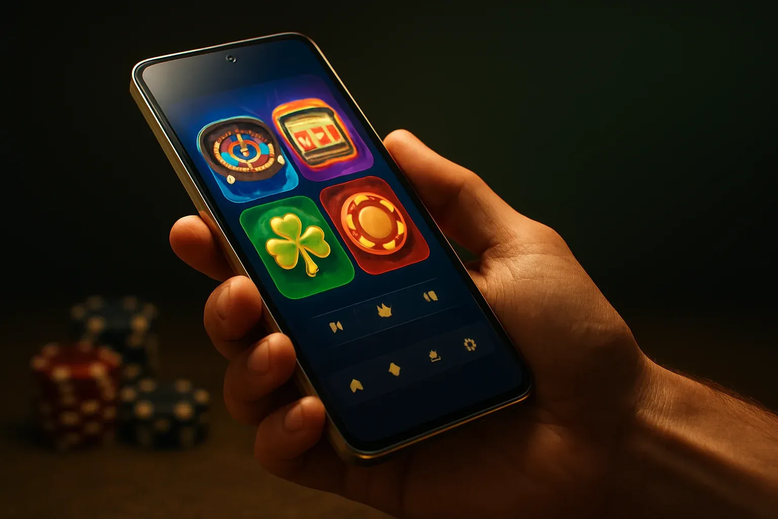 Hyperrealistic Android smartphone showing premium casino app interface, dramatic lighting