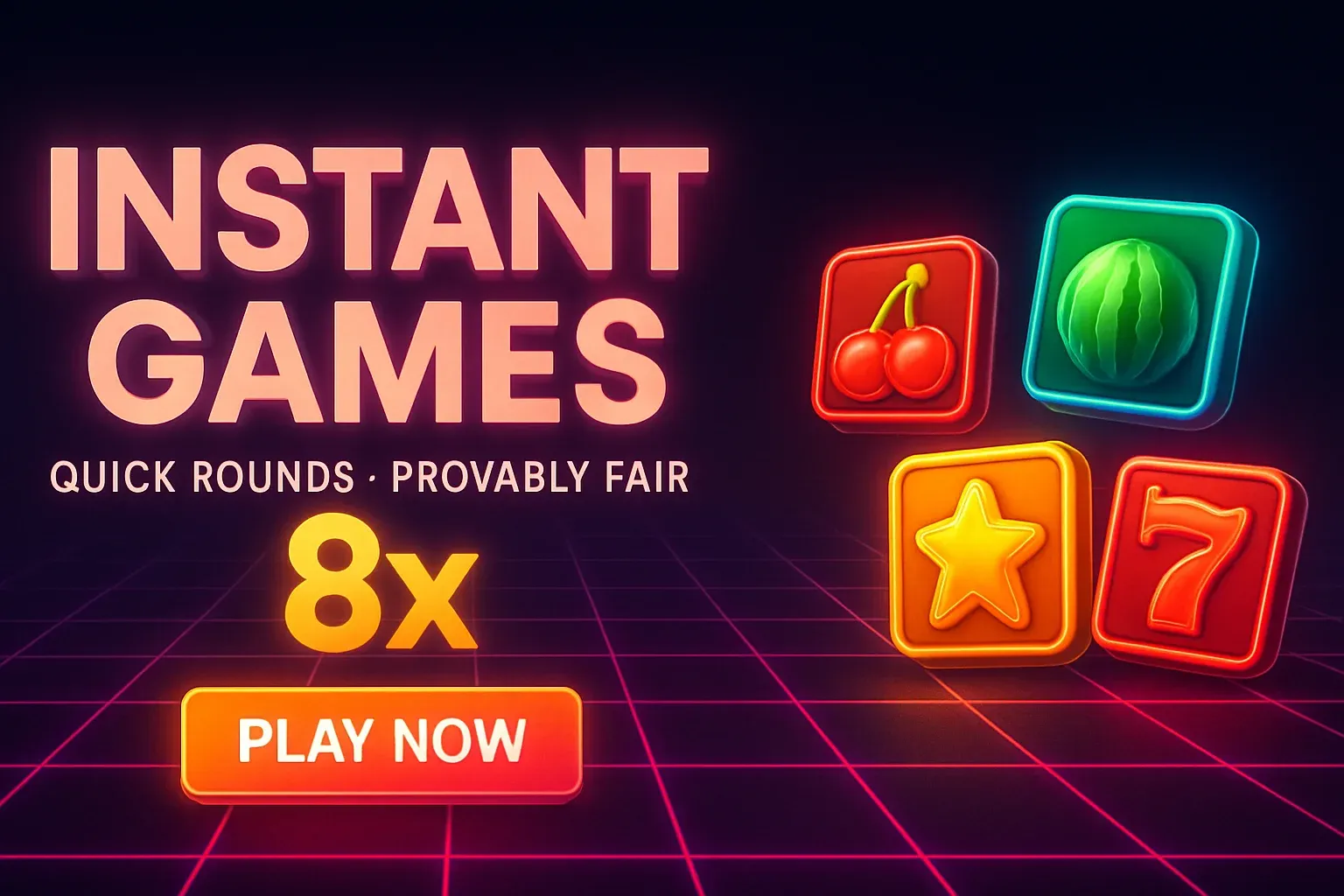 Instant games advertising banner with neon grid, glowing tiles, bold CTA