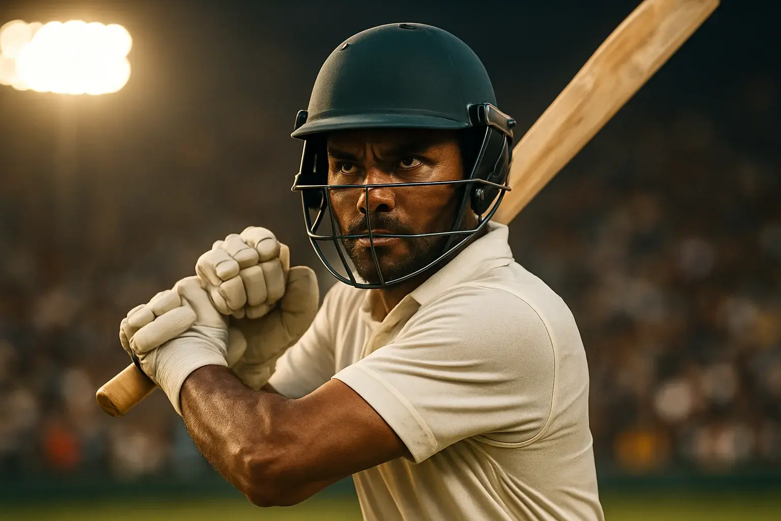 Hyperrealistic close-up of Bangladeshi cricket batsman swinging under stadium floodlights