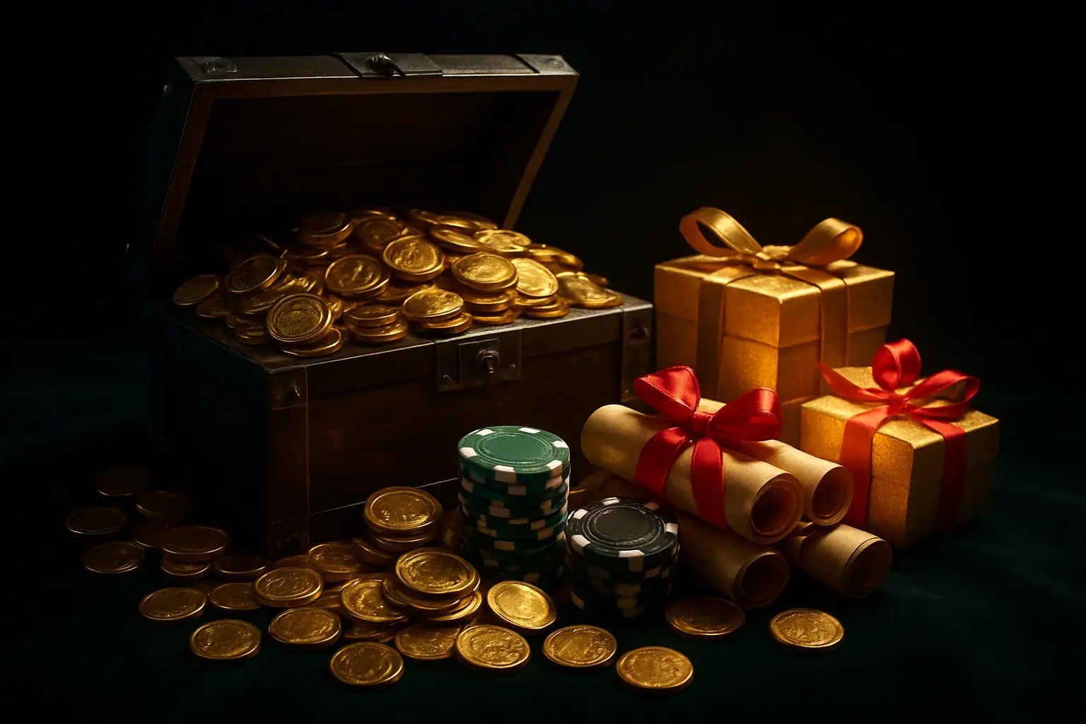 Cinematic treasure chest with gold coins, casino chips, bonus vouchers, gift boxes