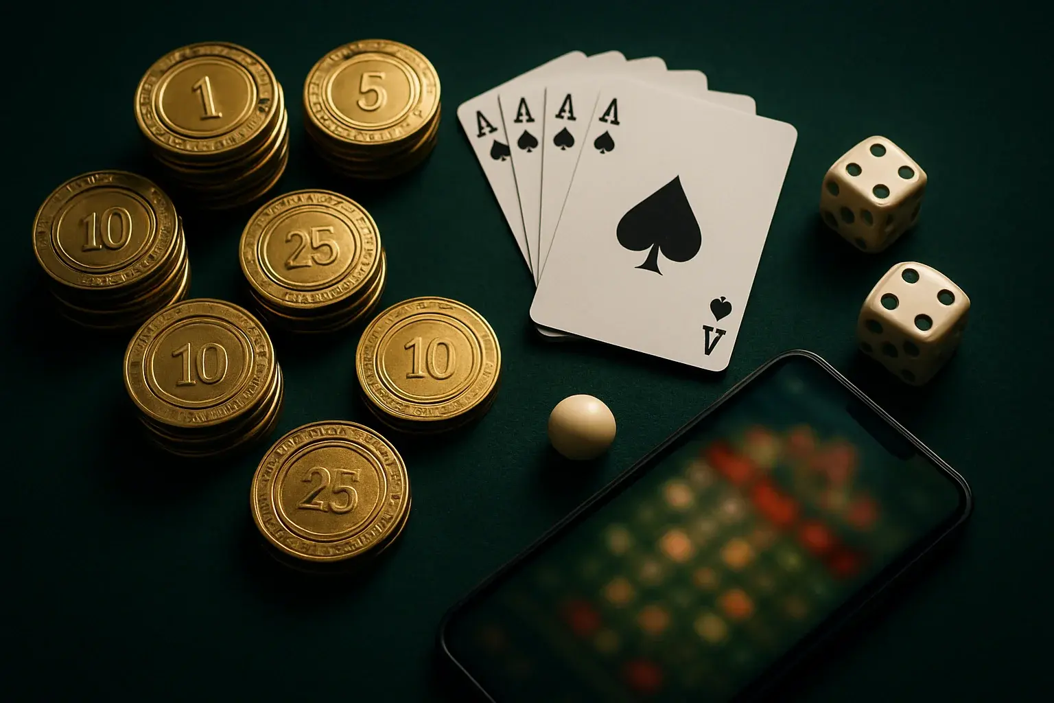 Top-down casino table with golden chips, cards, dice, roulette ball, smartphone