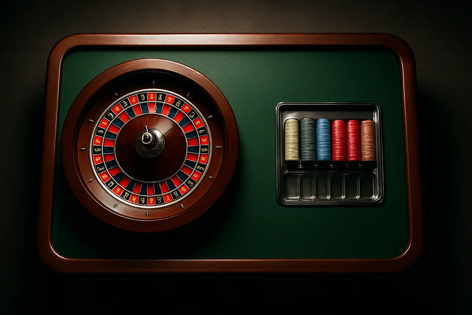 Hyperrealistic wide shot of empty roulette table in premium live casino studio