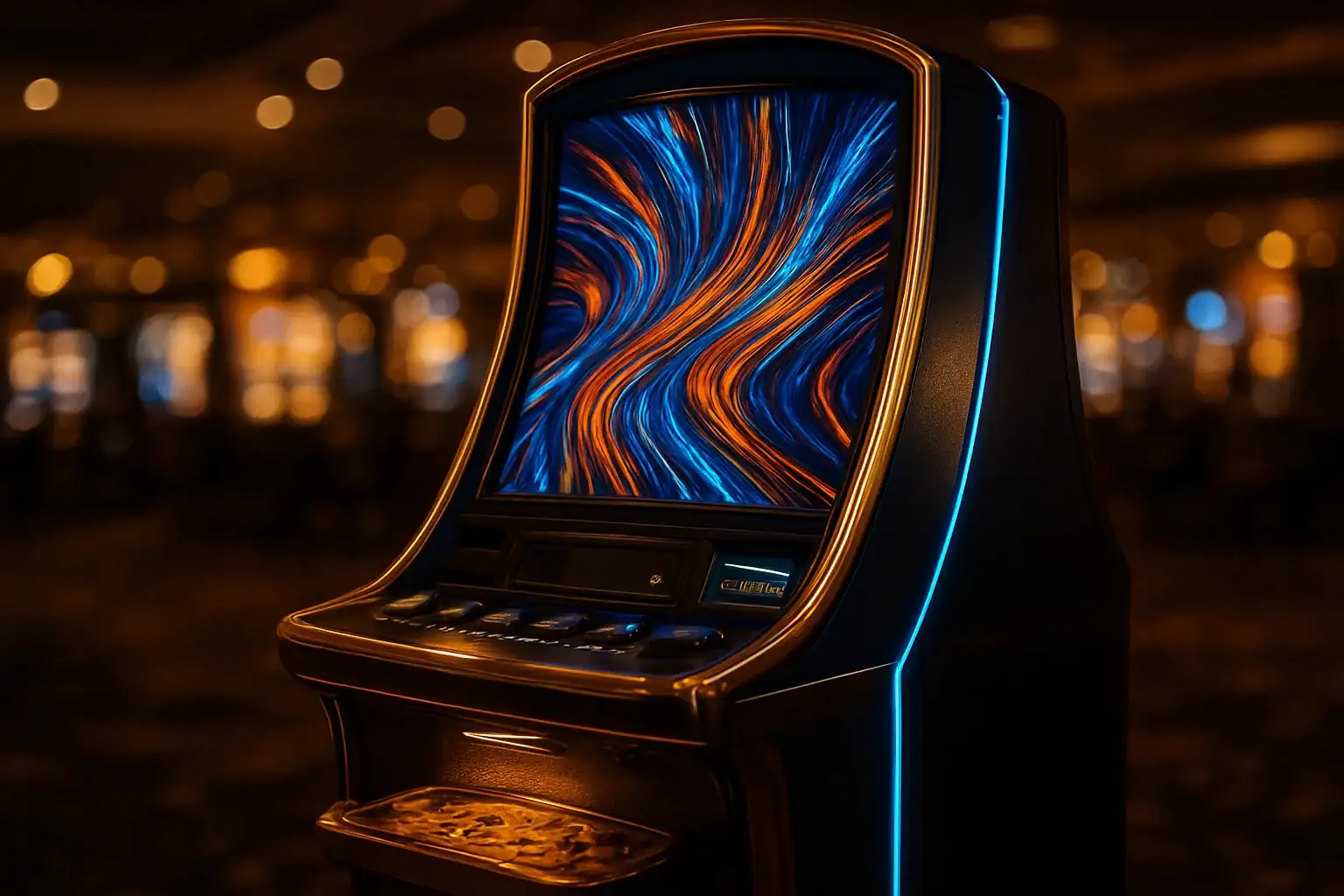 Hyperrealistic wide shot of premium slot machine in dark luxury casino